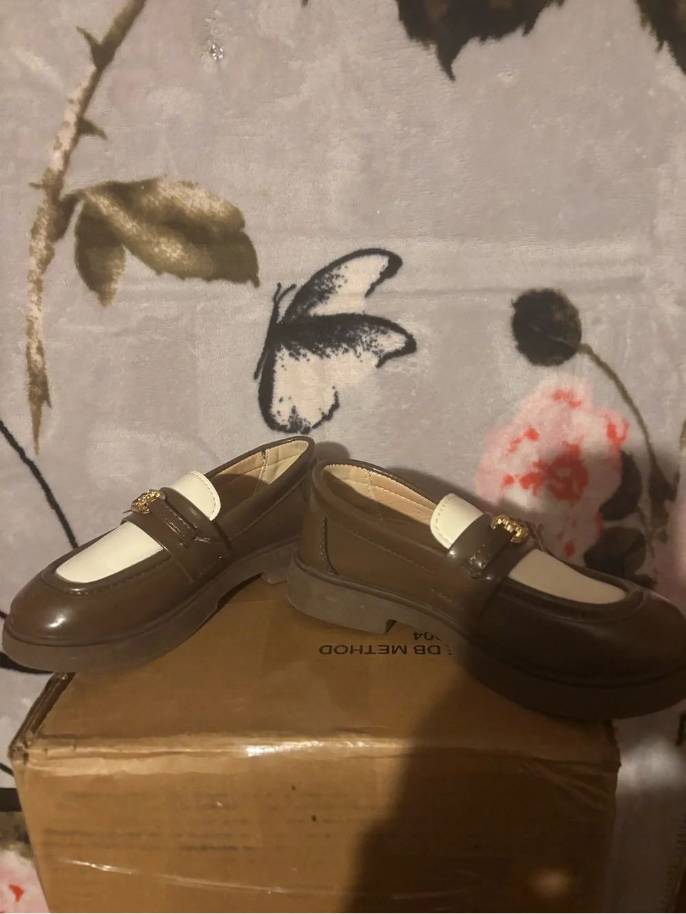 Brown and White Kids Loafers with Gold Accent